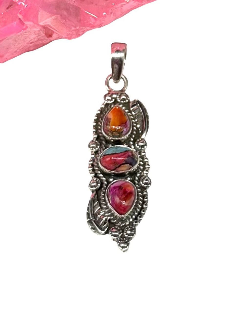 Kingman Pink Dahlia Turquoise Necklace Pendant Solid 925 Sterling Silver